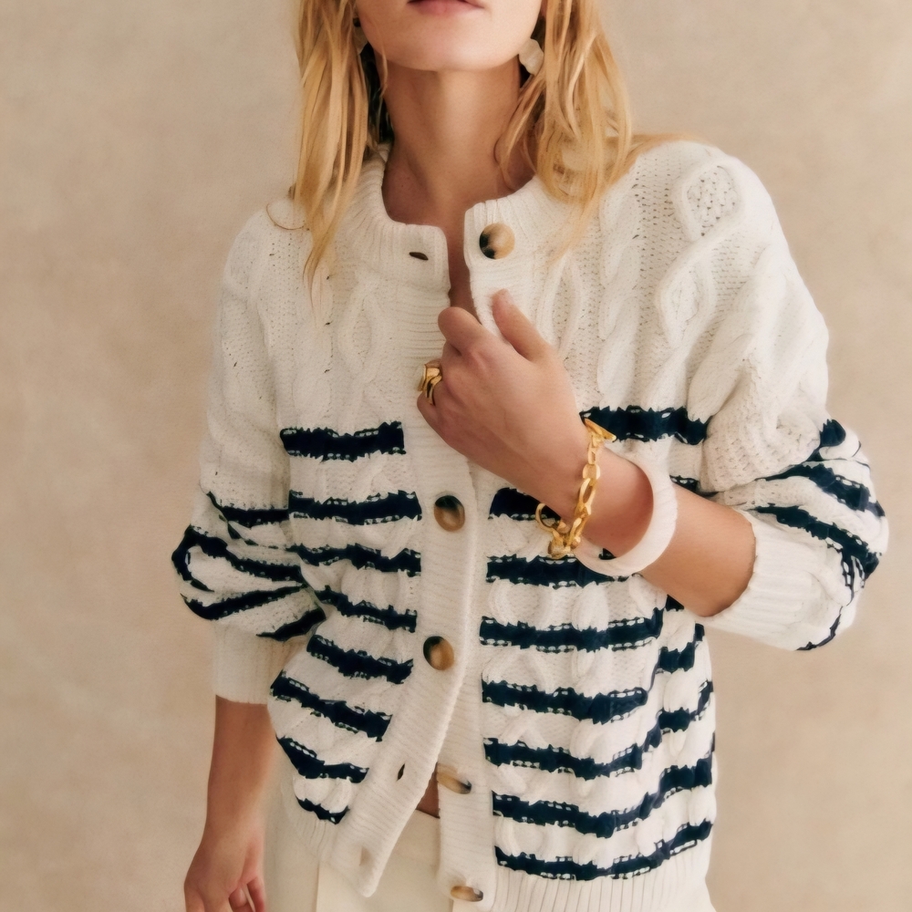 White and Navy Striped Cardigan